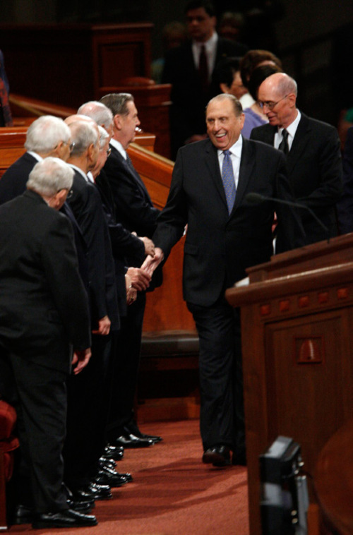 Francisco Kjolseth  |  The Salt Lake Tribune&#xA;President Thomas S. Monson of the Church of Jesus Christ of Latter Day Saints greets the Quorum of the twelve as he arrives for the 180th semiannual General Conference on Saturday, Oct. 2, 2010.&#xA;Salt Lake City Oct. 2, 2010.