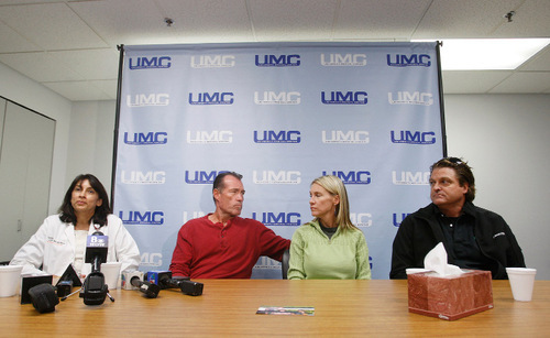 Meena Vohra, left, David Talley, stepfather of Alex Lambson, Kaleen Talley, Alex Lambson's mother, and Arden Lambson, Alex Lambson's father, talk with members of the media at a hospital Wednesday in Las Vegas. Alex Lambson, 17, and Christopher Dane Zdunich, 16, were struck by lightning outside their school Tuesday in St. George. Isaac Brekken | For the Salt Lake Tribune
