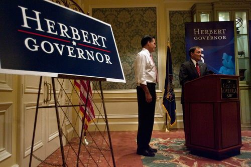 Chris Detrick  |  The Salt Lake Tribune &#xA;Utah Governor Gary R. Herbert and Mitt Romney speak at the Grand America Hotel Tuesday October 5, 2010.