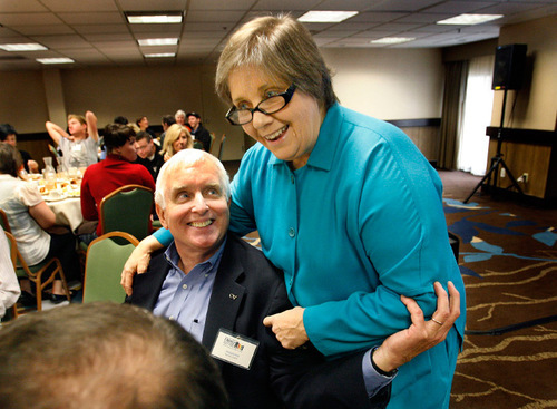 Scott Sommerdorf  l  The Salt Lake Tribune
Caitlin Ryan of San Francisco State University greets Stanley N. Griffith, who was in the audience to listen to her talk Saturday. The Utah Pride Center held its first ever Family Acceptance Regional Conference this weekend. Ryan's research shows that families who reject their gay and transgender teens increase their children's risk of suicide, depression and drug abuse.