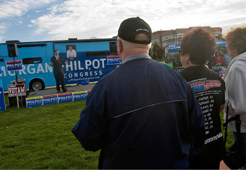Djamila Grossman  |  The Salt Lake Tribune&#xA;&#xA;Republican Morgan Philpot speaks to an audience during an appearance that coincides with a stop of the Fire Pelosi Bus Tour in Sandy, Saturday, Oct. 9, 2010.