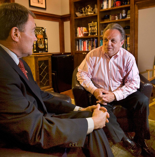 PAUL FRAUGHTON | The Salt Lake Tribune 
Bob Henrie, right, is more than an advertising executive and political operative. He is Gov. Gary Herbert's, left, closest adviser and confidant. Here, the two are in Henrie's office doing some preparation for a recent debate.