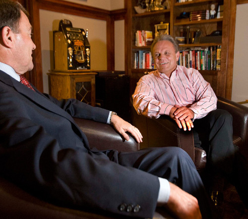 PAUL FRAUGHTON | The Salt Lake Tribune &#xA;&#xA;Advertising executive and political operative Bob Henrie, right, is pictured here in his office with Gov. Gary Herbert going over talking points for a recent debate. Henrie is Herbert's closest advisor and confidant.