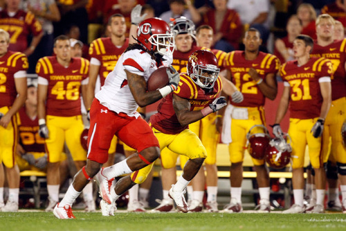 Chris Detrick  |  The Salt Lake Tribune 
Utah Utes wide receiver Shaky Smithson runs past Iowa State Cyclones cornerback Jeremy Reeves for a touchdown during the Oct. 9 game at Jack Trice Stadium in Ames, Iowa.