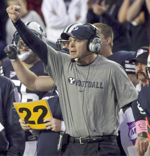 Rick Egan   |  The Salt Lake Tribune&#xA;&#xA;Head coach Bronco Mendenhall  coaches the defense, in football action, BYU vs. San Diego State, at Lavell Edwards Stadium in Provo,  Saturday, October 9, 2010