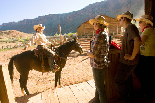 Al Hartmann  |  The Salt Lake Tribune&#xA;Wrangler Jill Franklin offers a brief safety orientation to a group of horseback riders -- mostly Europeans -- before taking them on a ride out of the corral at Red Cliffs Lodge, 14 miles north of Moab on the Colorado River.