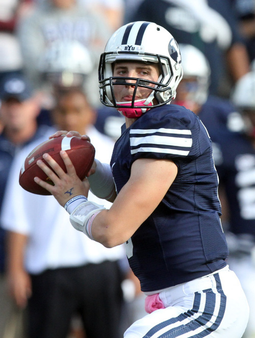 Rick Egan   |  The Salt Lake Tribune&#xA;&#xA;Jake Heaps, throws for the cougars,  in football action, BYU vs. San Diego State, at Lavell Edwards Stadium in Provo,  Saturday, October 9, 2010