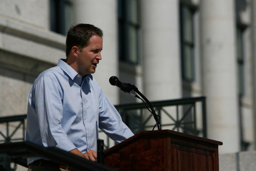 FRANCISCO KJOLSETH  |  The Salt Lake Tribune
Morgan Philpot, Republican candidate for 2nd Congressional District, appears on the steps of the Utah State Capitol on Thursday during a sparsely attended Patrick Henry Caucus rally.