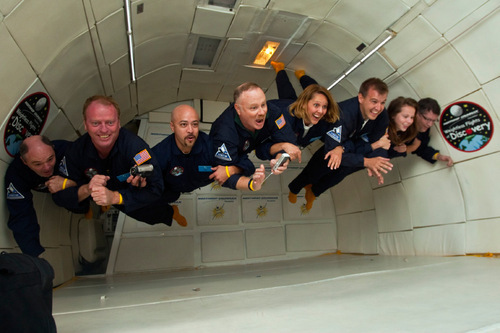 Chris Detrick  |  The Salt Lake Tribune &#xA;Middle School math and science teachers float around weightless inside of a modified Boeing 727 during the Northrop Grumman Foundation Weightless Flights of Discovery zero-gravity flight Monday October 11, 2010.  While on the Boeing 727, parabolic arcs are performed to create a weightless environment inside of the airplane.  Each weightless session lasts approximately 25 seconds.