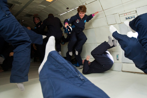 Chris Detrick  |  The Salt Lake Tribune &#xA;Michelle Hatch, center, a teacher at Mount Logan Middle School in Logan, floats around weightless inside of a modified Boeing 727 during the Northrop Grumman Foundation Weightless Flights of Discovery zero-gravity flight Monday October 11, 2010.  While on the Boeing 727, parabolic arcs are performed to create a weightless environment inside of the airplane.  Each weightless session lasts approximately 25 seconds.