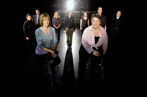 Djamila Grossman  |  The Salt Lake Tribune&#xA;&#xA;Playwrights Elaine Jarvik and Julie Jensen work on two upcoming shows at the Rose Wagner Theater in Salt Lake City. They pose for a portrait with their cast at the theater stage, Wednesday, Oct. 13, 2010. From left: Winkie T. Horman, David Phillips, Teri Cowan, Dee Macaluso, April Fossen, Joe Debevc and Jay Perry.
