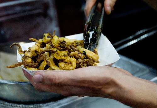 Djamila Grossman  |  The Salt Lake Tribune

Casey Fenger prepares a serving of Five-Spice Calamari in the Chow Truck, which is parked at Ken Sanders Rare Books store in Salt Lake City, Friday, Oct. 15, 2010. Owner SuAn Chow has successfully pushed the city into writing new rules for food trucks.