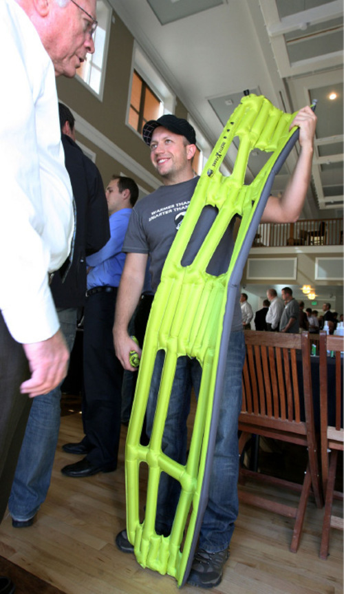 Steve Griffin  |  The Salt Lake Tribune&#xA;&#xA;Nate Alder, of Klymit, demonstrates the Klymit Inertia-X-Frame camping sleeping pad that he invented. He was the winner in this year's Invented in Utah Inventor Challenge. Finalists demonstrated their inventions during a luncheon in South Jordan Thursday, October 14, 2010.