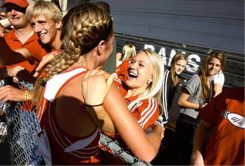 Djamila Grossman  |  The Salt Lake Tribune&#xA;&#xA;American Fork High School's Jasmyn Hildebrandt, 22, gets a hug from Danielle West after she took sixth place in the 4A girls race at the 2010 Utah UHSAA State Cross Country Championships at Sugarhouse Park in Salt Lake City, Wednesday, Oct., 20, 2010.