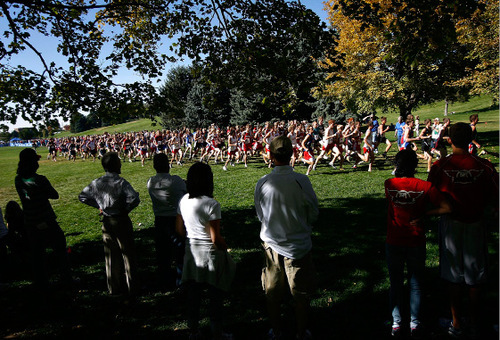 Djamila Grossman  |  The Salt Lake Tribune&#xA;&#xA;People watch the start of the 3A boys race at the 2010 Utah UHSAA State Cross Country Championships at Sugarhouse Park in Salt Lake City, Wednesday, Oct., 20, 2010.