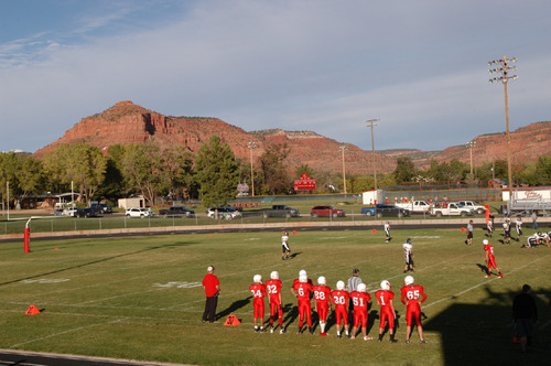 Tom Wharton | The Salt Lake Tribune&#xA;Kanab's Arlyn Hafen Stadium is surrounded by beautiful red cliffs,&#xA;making it one of Utah's five most scenic places to watch a high&#xA;school football game.