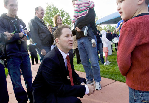 Djamila Grossman  |  The Salt Lake Tribune&#xA;&#xA;Republican Morgan Philpot talks to Max Linford, 5,  of Draper, during an appearance at the Fire Pelosi Bus Tour in Sandy, Saturday, Oct. 9, 2010.