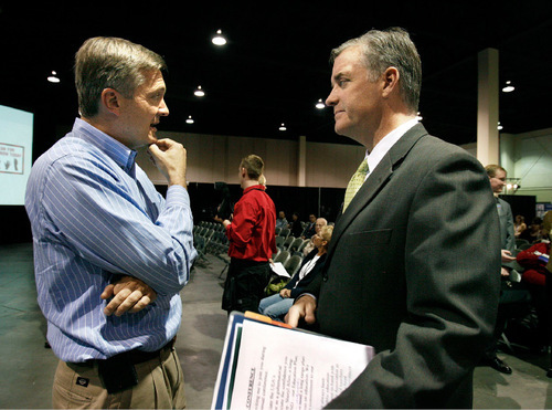 Scott Sommerdorf  l  The Salt Lake Tribune&#xA;Congressman Jim Matheson (left) spoke with Gubernatorial candidate Mayor Peter Corroon at the Utah Education Association annual convention, Thursday, Oct. 14, 2010.