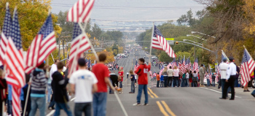 Steve Griffin  |  The Salt Lake Tribune&#xA;&#xA;Grantsville's main street is filled with people as they wait for the Jordan Byrd funeral procession to arrive Friday, October 22, 2010.,  Byrd was killed in Afghanistan last week and was buried in the Grantsville City Cemetery.