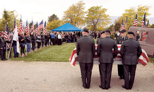 Steve Griffin  |  The Salt Lake Tribune&#xA;The casket of Pfc. Jordan Byrd, who was killed in Afghanistan last week, is delivered Friday to the Grantsville City Cemetery after a processional down the city's main street.