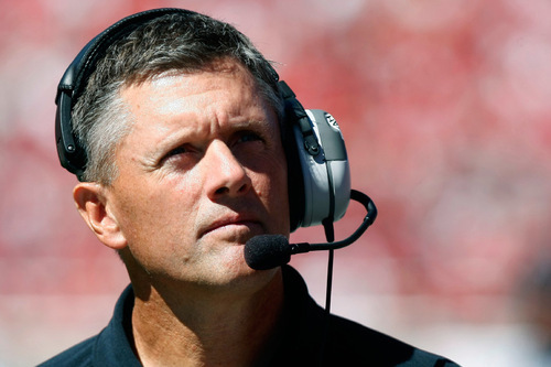 Chris Detrick  |  The Salt Lake Tribune 
Utah coach Kyle Whittingham during the first half of the game at Rice-Eccles Stadium Saturday September 11, 2010. Utah is winning the game 17-3.