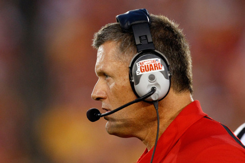 Chris Detrick  |  The Salt Lake Tribune 
Utah Head Coach Kyle Whittingham watches during the first half of the game at Jack Trice Stadium in Ames, Iowa Saturday October 9, 2010.  Utah is winning the game 41-14 at halftime