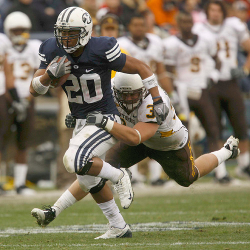 Trent Nelson  |  The Salt Lake Tribune
BYU running back Joshua Quezada (20) runs the ball during the second half, BYU vs. Wyoming, college football Saturday, October 23, 2010 at LaVell Edwards Stadium in Provo. BYU won 25-20.