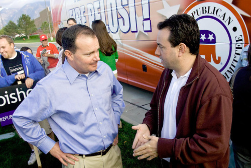 Djamila Grossman  |  The Salt Lake Tribune&#xA;&#xA;Republican Mike Lee talks to Republican National Committee chief of staff Michael Leavitt during an appearance at a stop of the Fire Pelosi Bus Tour in Sandy, Saturday, Oct. 9, 2010.