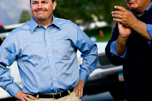 Djamila Grossman  |  The Salt Lake Tribune&#xA;&#xA;Republican Mike Lee shares a laugh with others during an appearance coinciding with a stop of the Fire Pelosi Bus Tour in Sandy, Saturday, Oct. 9, 2010.