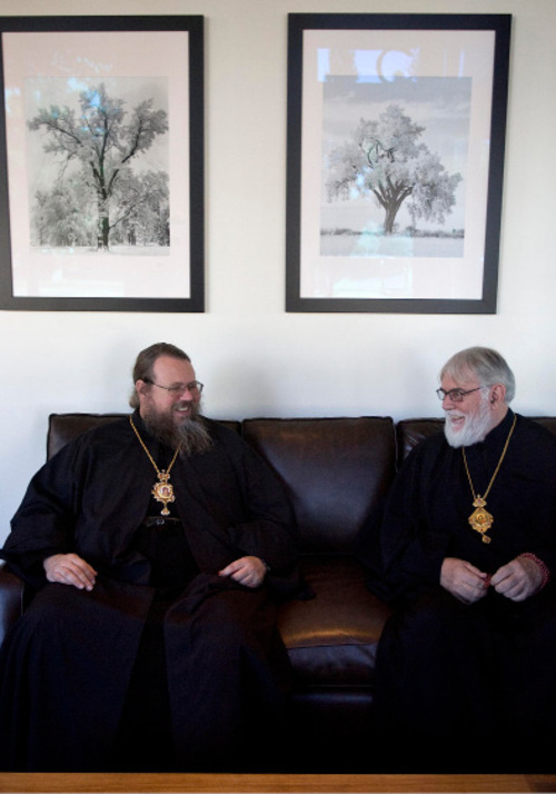 Djamila Grossman  |  The Salt Lake Tribune
Bishop Jonah, head of the Orthodox Church of America and Canada, and Archbishop Nathaniel, archbishop of the Romanian Orthodox Episcopate of America, laugh during an interview about the need to unify the American branches of Eastern Orthodoxy during a visit at the Radisson hotel in downtown Friday, Oct. 15, 2010. The men were in Utah for an annual meeting of the Orthodox Christian Laity.