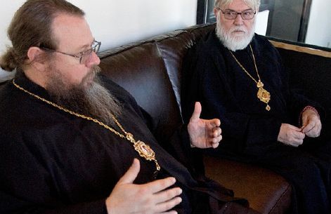 Djamila Grossman  |  The Salt Lake Tribune
Bishop Jonah, left, head of the Orthodox Church of America and Canada, and Archbishop Nathaniel, archbishop of the Romanian Orthodox Episcopate of America, talk about the need to unify the U.S. branches of Eastern Orthodoxy during their visit to downtown Salt Lake City last week. The men were in Utah for an annual meeting of Orthodox Christian Laity.