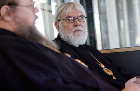 Djamila Grossman  |  The Salt Lake Tribune
Bishop Jonah, left, head of the Orthodox Church of America and Canada, and Archbishop Nathaniel, archbishop of the Romanian Orthodox Episcopate of America, talk about the need to unify the U.S. branches of Eastern Orthodoxy during their visit to downtown Salt Lake City last week. The men were in Utah for an annual meeting of Orthodox Christian Laity.