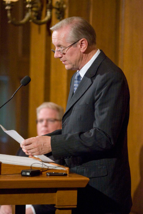 Paul Fraughton  |  The Salt Lake Tribune    Spokesperson for the LDS Church, Michael Otterson  reads a statement from church leaders regarding a petition drive to get LDS apostle Boyd K. Packer to correct his remarks  about same  sex attraction on  Tuesday,October 12, 2010