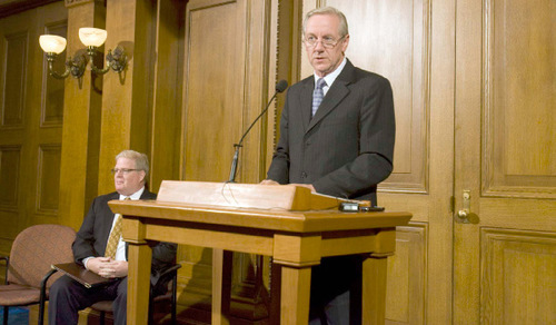 Paul Fraughton  |  The Salt Lake Tribune    Spokesperson for the LDS Church, Michael Otterson  reads a statement from church leaders regarding a petition drive to get LDS apostle Boyd K. Packer to correct his remarks  about same  sex attraction on  Tuesday,October 12, 2010