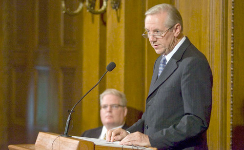 Paul Fraughton  |  The Salt Lake Tribune    Spokesperson for the LDS Church, Michael Otterson  reads a statement from church leaders regarding a petition drive to get LDS apostle Boyd K. Packer to correct his remarks  about same  sex attraction on  Tuesday,October 12, 2010