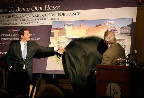 Scott Sommerdorf I  The Salt Lake Tribune &#xA;Adam Sklute (left), the Ballet West Artistic Director, and Johann Jacobs, Ballet West Executive Director together pull the veil off the artist's rendering of what the new Center for Dance might look like. Ballet West announced a new addition next to the Capitol Theater that they feel  