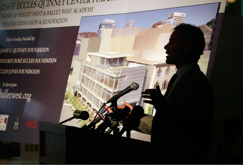 Scott Sommerdorf I  The Salt Lake Tribune &#xA;A silhouetted Salt Lake Mayor Ralph Becker speaks about the plans for a new Center for Dance to be built next to the Capitol Theater. Ballet West announced a new expansion planned for the Capitol Theater that they feel  