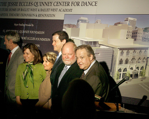 Scott Sommerdorf I  The Salt Lake Tribune &#xA;From left to right, some of the principals who spoke abotu the plans for the new Center for Dance to be bulit directly west of the  Capitol Theater, Salt Lake Mayor Ralph Becker, Nichole Dunn, Salt Lake Co. Deputy Director, Shari Quinney, Ballet West Capitol Campaign Chair, Adam Sklute, Ballet West Artistic Director, David Quinney, S.J. and E. Quinney Foundation Board member, and Johann Jacobs, Ballet west Executive Director.