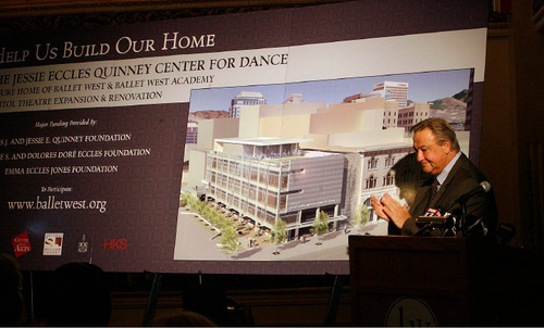Scott Sommerdorf I  The Salt Lake Tribune 
Ballet West Executive Director Johann Jacobs applaudes just after the veil was removed from the artist's rendering of what the new Center for Dance will look like in an announcement held Monday. Ballet West announced a new addition planned next to the Capitol Theater that they feel  