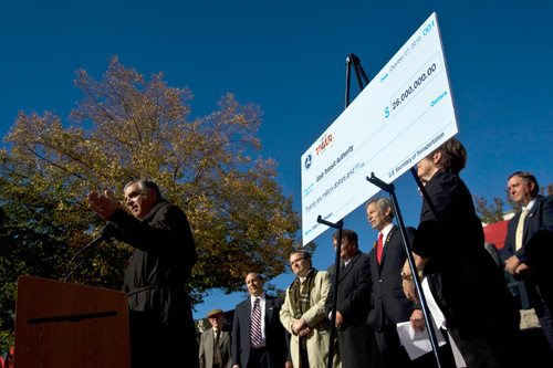 Chris Detrick  |  The Salt Lake Tribune U.S. Transportation Secretary Ray LaHood presents city officials and UTA with the $26 million federal award for the Sugar House streetcar Wednesday October 27, 2010. The U.S. Transportation Department funding will pay the bulk of the streetcar line, which will span two miles from the Central Pointe TRAX station (near 2100 South and 220 West) east to McClelland Street (1045 East) in the Sugar House business district.