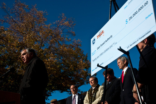 Chris Detrick  |  The Salt Lake Tribune U.S. Transportation Secretary Ray LaHood presents city officials and UTA with the $26 million federal award for the Sugar House streetcar Wednesday October 27, 2010. The U.S. Transportation Department funding will pay the bulk of the streetcar line, which will span two miles from the Central Pointe TRAX station (near 2100 South and 220 West) east to McClelland Street (1045 East) in the Sugar House business district.
