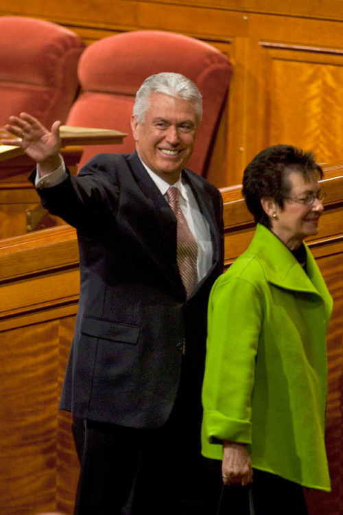 Dieter F. Uchtdorf of the Quorum of the Twelve Apostles, waves to the crowd after the afternoon session of the 180th Semiannual General Conference of The Church of Jesus Christ of Latter-day Saints Saturday, April 3, 2010.