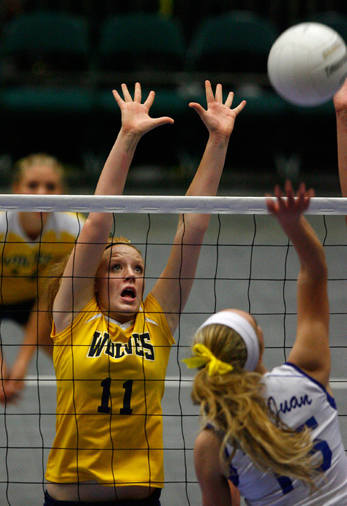 Djamila Grossman  |  The Salt Lake Tribune&#xA;&#xA;Enterprise High School's Anden Lyman, 11, blocks the ball in the 2A championship game against San Juan High School at Utah Valley University in Orem, Saturday, October 30, 2010. San Juan won the game.