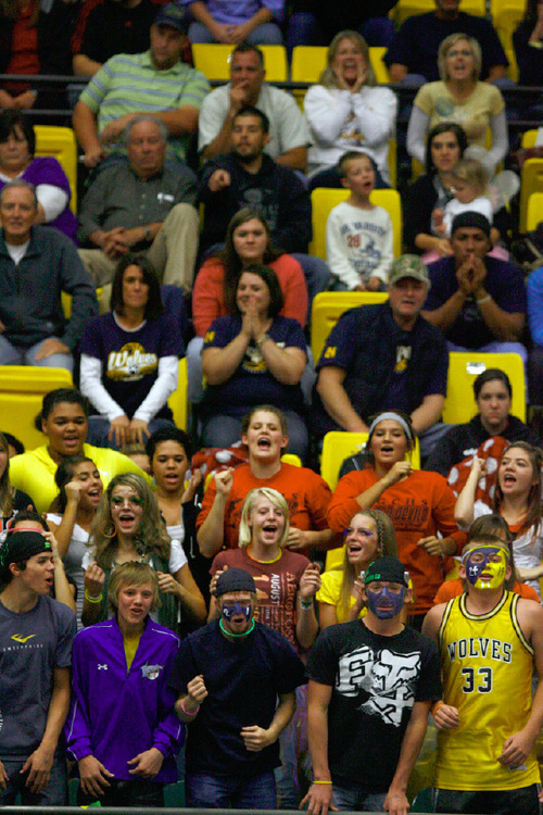 Djamila Grossman  |  The Salt Lake Tribune&#xA;&#xA;Fans cheer during the 2A championship game between San Juan and Enterprise high schools at Utah Valley University in Orem, Saturday, October 30, 2010. San Juan won the game.