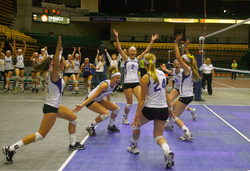 Djamila Grossman  |  The Salt Lake Tribune&#xA;&#xA;The San Juan High School volleyball team celebrates after winning against Enterprise High School in the 2A championship game at Utah Valley University in Orem, Saturday, October 30, 2010.