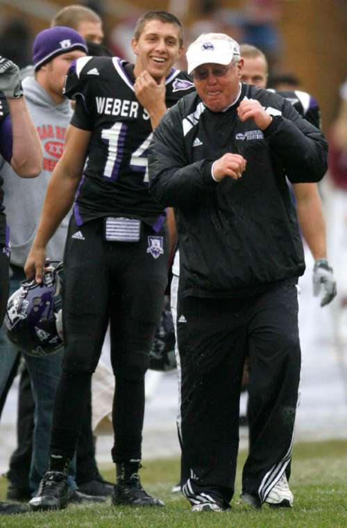 Trent Nelson  |  The Salt Lake Tribune&#xA;Weber State coach Ron McBride dances as time runs out and Weber State wins the game, Weber State vs. Montana, college football Saturday, October 30, 2010.