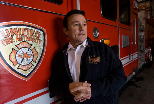 Al Hartmann  |  Salt Lake Tribune
Unified Fire Authority Chief Michael Jensen has had an eventful first year at the job with Cottonwood Creek flooding earlier this Spring,  this Summer's oil spill and was integral in fighting the Herriman Machine Gun fire.