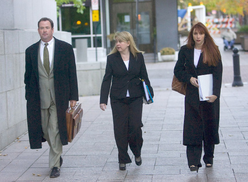 Al Hartmann  |  The Salt Lake Tribune
Some of Brian David Mitchell's defense team, including Parker Douglas, left, Wendy Lewis, center, and Audrey James, walk to the Frank E. Moss Federal Courthouse for the start of jury selection on Monday, Nov. 1, 2010. Mitchell is accused of kidnapping Elizabeth Smart.