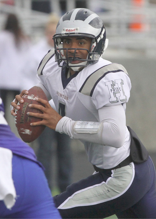 Rick Egan   |  The Salt Lake Tribune&#xA;&#xA;Peter Fuimaona (1) looks for an open man for Hunter, in football action, Bingham vs. Hunter high at Bingham,  Saturday, October 30, 2010.