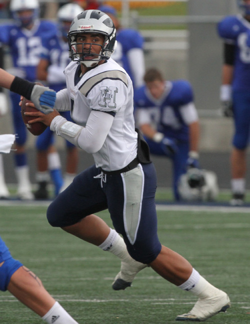 Rick Egan   |  The Salt Lake Tribune&#xA;&#xA;Peter Fuimaona (1) looks for an open man for Hunter, in football action, Bingham vs. Hunter high at Bingham,  Saturday, October 30, 2010.